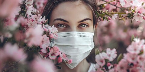 Woman in medical mask surrounded by flowers as a symbol of allergy awareness. Concept Allergy Awareness, Medical Mask, Woman, Flowers, Symbolism
