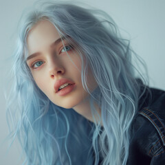 Fototapeta premium Close-up portrait of beautiful young woman with blue hair and big blue eyes