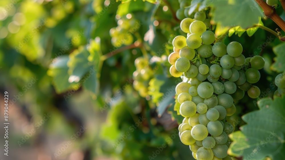 Sticker immature grapes on vine in vineyard prior to harvest blank area for text or design