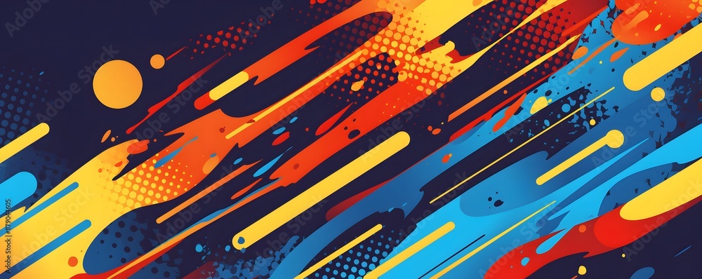 Poster a colorful and abstract background with a black line. the background is filled with dots and lines, 