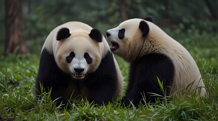 Fototapeta premium Two years aged young giant Pandas (Ailuropoda melanoleuca), Chengdu, Sichuan, China. generative.ai