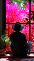 Obraz premium a person sitting on a windowsill, looking out the window. The person is wearing a black t-shirt and a black hat, with bright pink plant leaves visible in the background.
