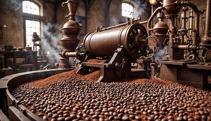 a steam-powered machine in action, grinding cocoa beans into fine powder. The industrial setting, with its vintage machinery and the warm glow of the ambient light.