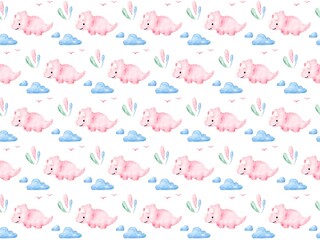 Cute dinosaur pattern, watercolor, dino, background, illustration © Saltyarts design