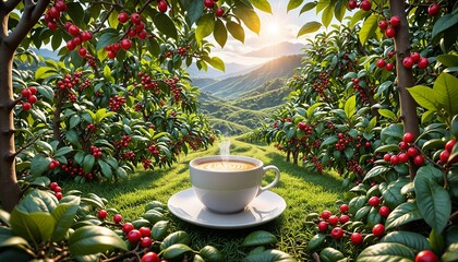 coffee cup in a coffee plantation with rows of lush green coffee plants bearing vibrant red coffee cherries