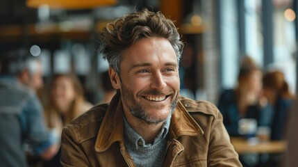 Obraz premium Man Laughing in a Cafe