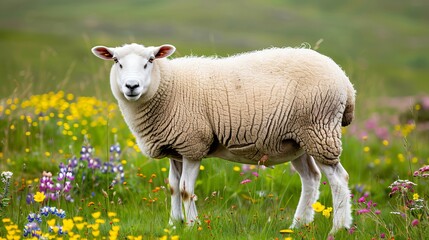 Obraz premium A sharp and vibrant photo of a white sheep grazing in a lush green meadow with wildflowers, copy space for text,