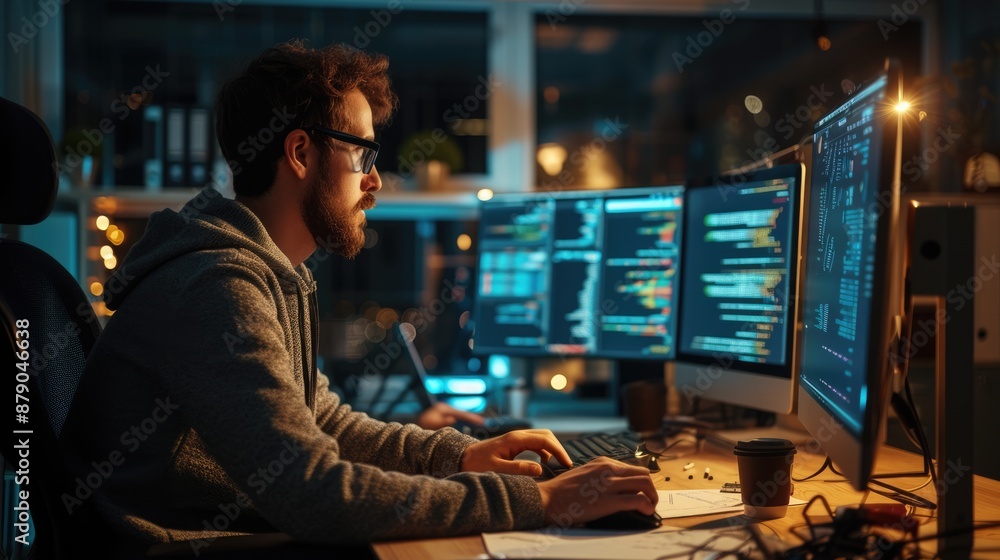 Poster a software developer works on code late into the night, illuminated by the glow of multiple computer