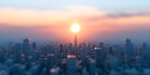 Fototapeta premium Sunset in a futuristic 3D cityscape within a meta universe landscape. Concept Futuristic Cityscape, Sunset Photography, 3D Art, Meta Universe, Landscape Art