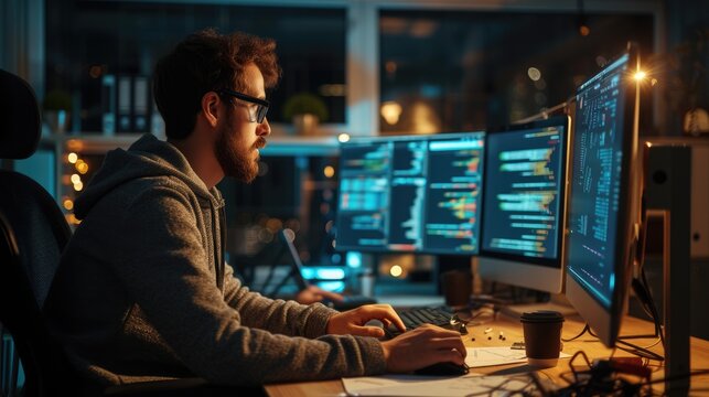 A software developer works on code late into the night, illuminated by the glow of multiple computer screens in a modern office. AIG41