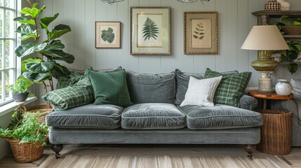 interior design of modern living room home. Sofa against wall with poster.