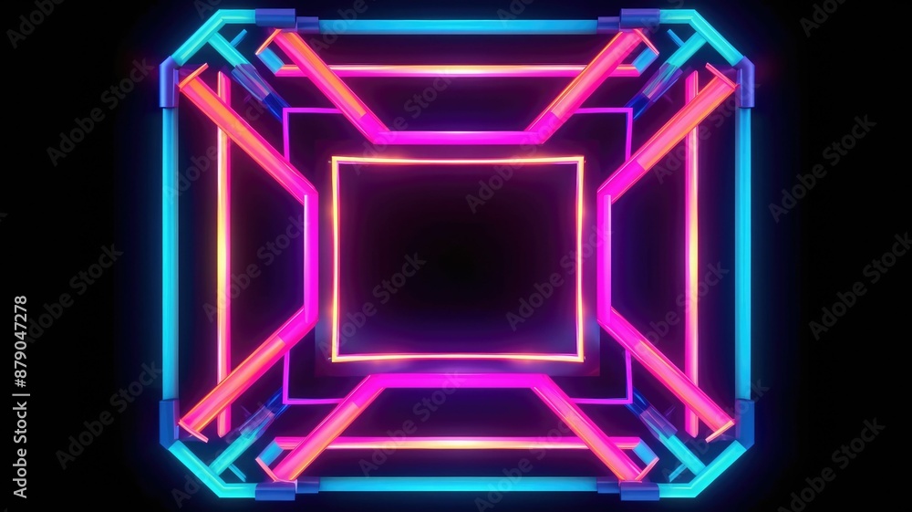 Poster futuristic neon light portal in a reflective surface. luminous neon light portal with square shape w