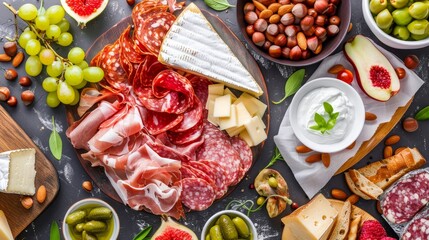 Fototapeta premium A mouthwatering food platter showcasing a selection of gourmet cheeses, charcuterie meats, seasonal fruits, nuts, and dips, presented in a rustic style