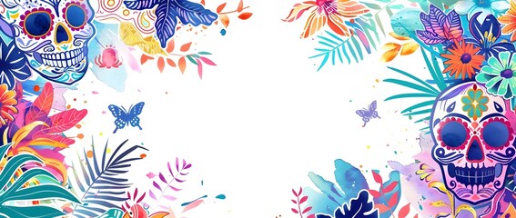 Day of the Dead Doodle Page Print Border Design with Blank Space for Copy