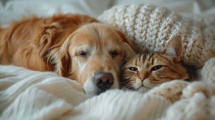 A serene golden retriever and a ginger cat resting together on a couch symbolize companionship and peace.