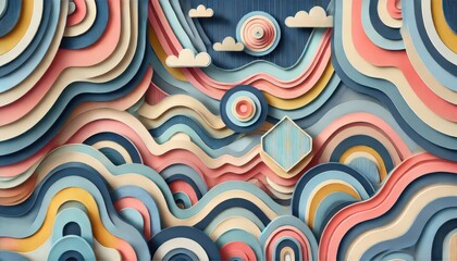 Abstract 3D Papercut Background with Colorful Waves and Clouds.