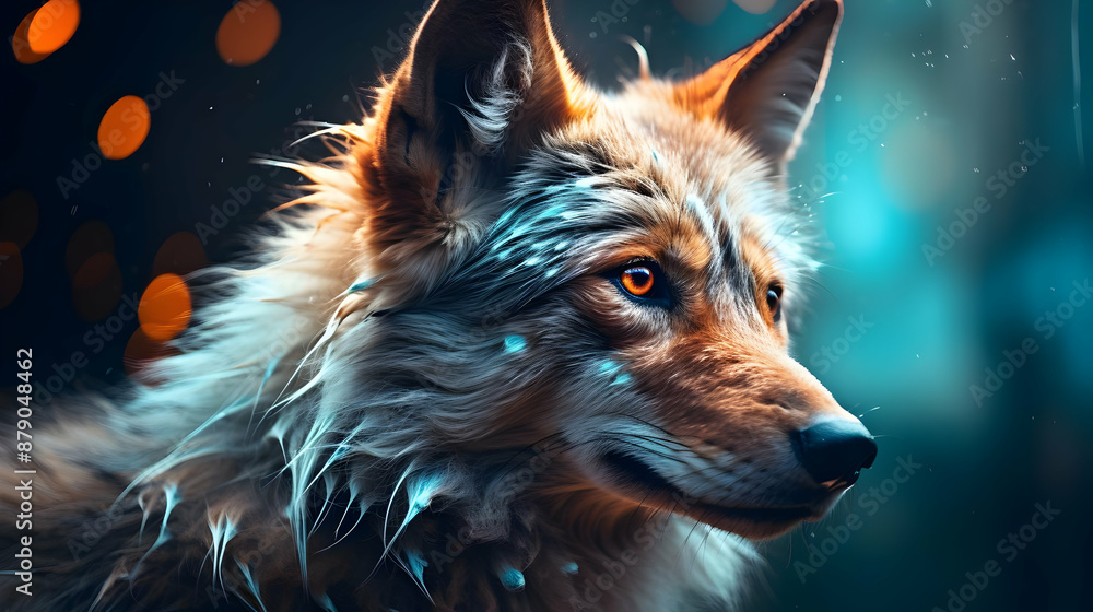 Wall mural wolf portrait with blue lights - realistic digital art