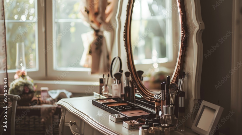 Poster an elegant vanity table with a large mirror, neatly organized with makeup and accessories, creating 