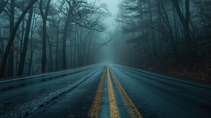 Fototapeta premium An empty, fog-covered road leading into a dense, mysterious forest, creating an eerie and intriguing atmosphere.