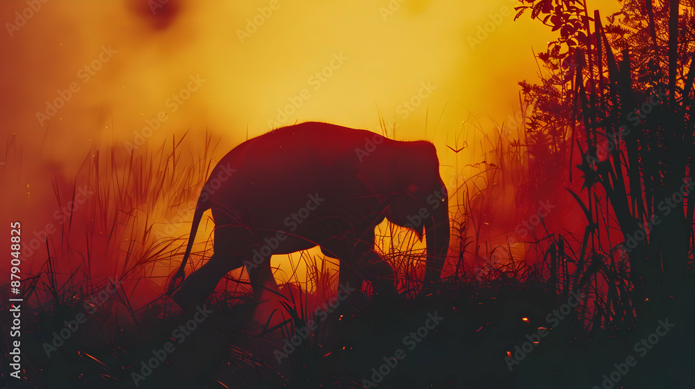 Poster Silhouette of an Elephant in a Misty Sunset Illustration