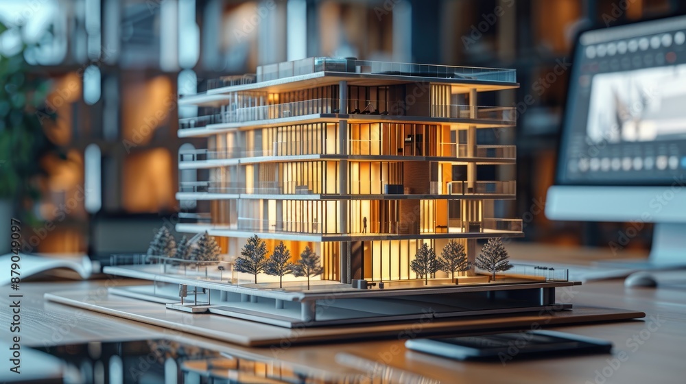 Poster detailed 3d digital model of a high-rise building displayed on a desk office. concept of future of t