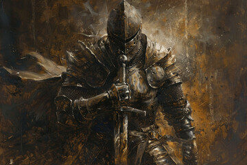 Obraz premium A knight is holding a sword and is wearing a suit of armor
