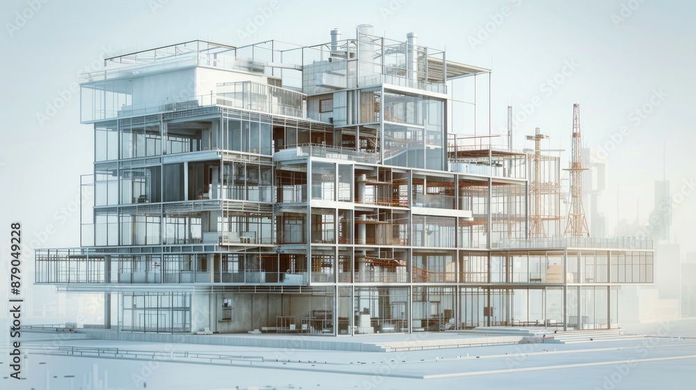 Poster bim model showing the complete lifecycle of a building from design to demolition, planning construct