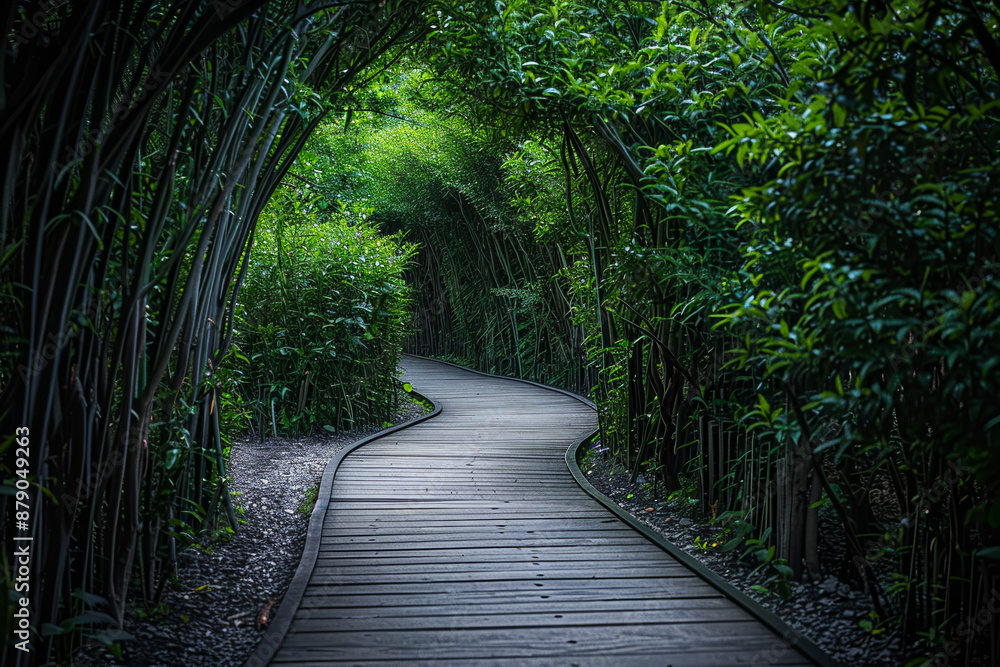 Poster a path through a forest with trees on either side