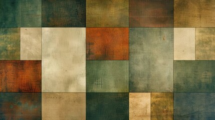 Fototapeta premium A sophisticated abstract background featuring a grid of geometric patterns in subdued earthy colors, with squares and rectangles in gentle hues of taupe, forest green, and rust