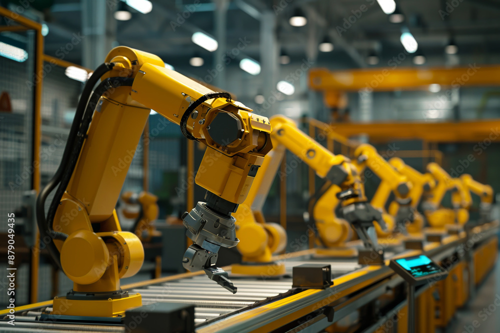 Poster a line of robots are working in a factory