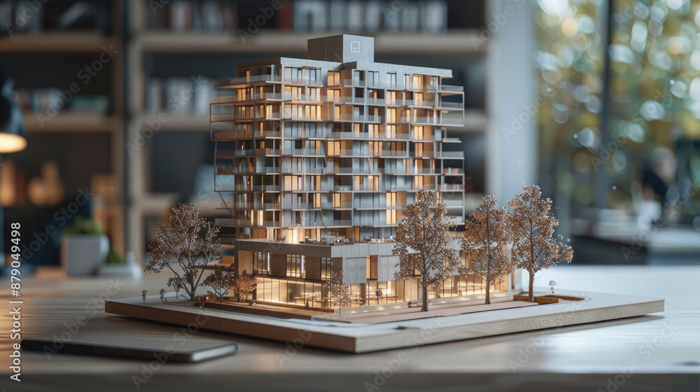Aufkleber detailed 3d digital model, full-color 3d holographic of a high-rise building displayed on a desk off