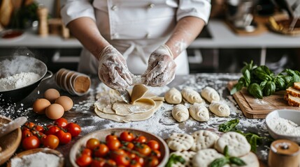 An artisanal kitchen with a chef crafting gourmet treats, fresh ingredients scattered around, emphasizing the craftsmanship and quality of each snack