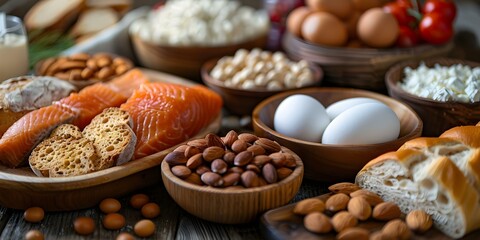 Fototapeta premium Assortment of allergenic foods on a dining table unsafe for consumption. Concept Allergenic Foods, Dining Table, Unsafe, Assortment, Food Safety
