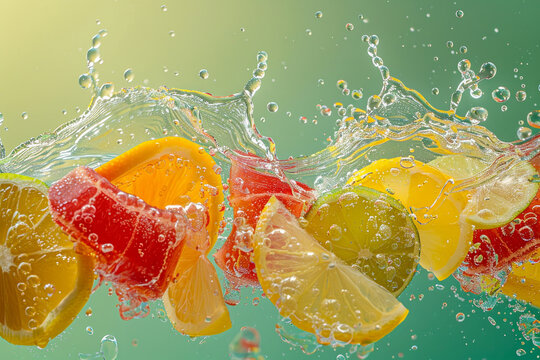 A splash of water with a bunch of fruit in it