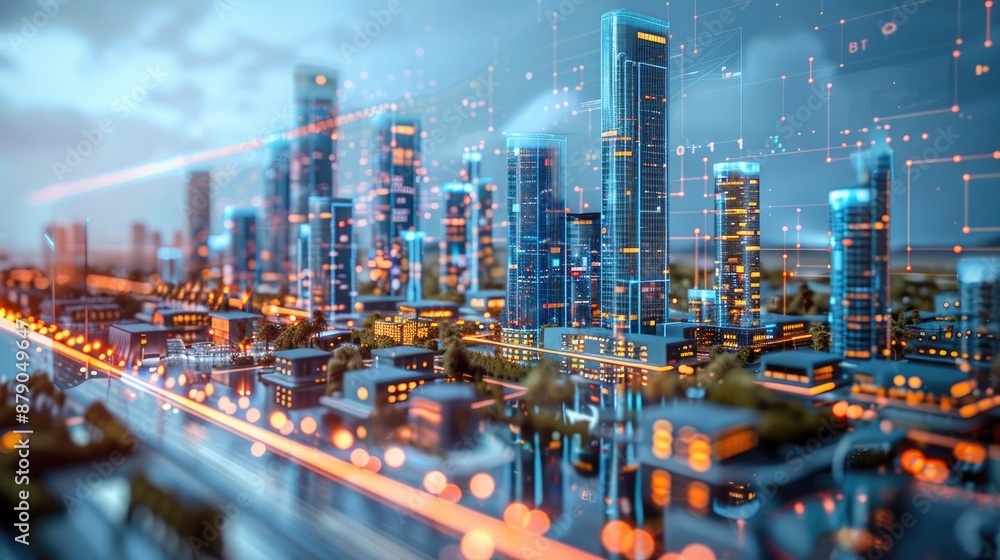 Poster detailed 3d digital model on screen, full-color 3d holographic of a smart city project created with 