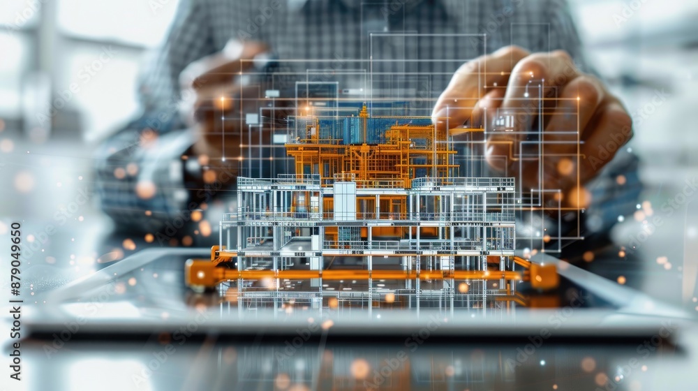 Poster hand of an architect interacting with a 3d digital model, full-color 3d holographic of a constructio