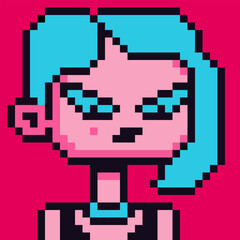 Fototapeta premium Pixel art woman, female character 8-bit, 80-s, avatar, girl face, cartoon vector icon, game user, web profile persons, people, social net portrait. 