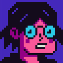 Pixel art woman character 8-bit, 80-s, avatar, human face, NFT, cartoon vector icon, game user, web profile persons, people, social net portrait. Non-fungible token.