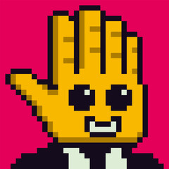 Fototapeta premium Head hand pixel art funny character 8-bit, 80-s, avatar, guy face, NFT, cartoon vector icon, game user, web profile persons, people, social net portrait. Non-fungible token.