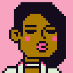 Obraz premium Pixel art woman, female character 8-bit, 80-s, avatar, girl face, NFT, cartoon vector icon, game user, web profile persons, people, social net portrait. Non-fungible token.