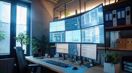 Computer workstation with a large monitor and a keyboard. The desk is cluttered with various items, including a potted plant, a mouse, and several books. The room is dimly lit, giving it a cozy
