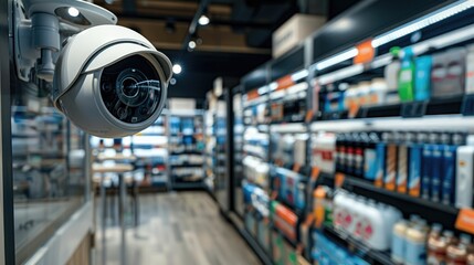Retail store with visible security cameras and anti-theft tags on products, demonstrating comprehensive security measures.