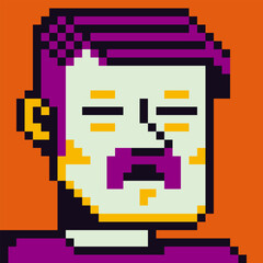 Pixel art man, male character 8-bit, 80-s, avatar, guy face with mustache, cartoon vector icon, game user, web profile persons, people, social net portrait. 