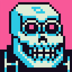 pixel art skeleton character 8-bit, dead man, 80-s, avatar, scull face, cartoon vector icon, game user, web profile persons, people, social net portrait, minimalistic style. Non-fungible token.