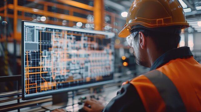 Over-the-shoulder view of a civil engineer using BIM software to refine a 3D model of a construction site, featuring clear geometric shapes and lines.