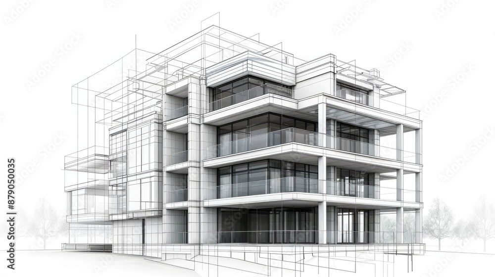 Aufkleber sketch of a 3d building model with a wireframe structure, isolated on a white background.