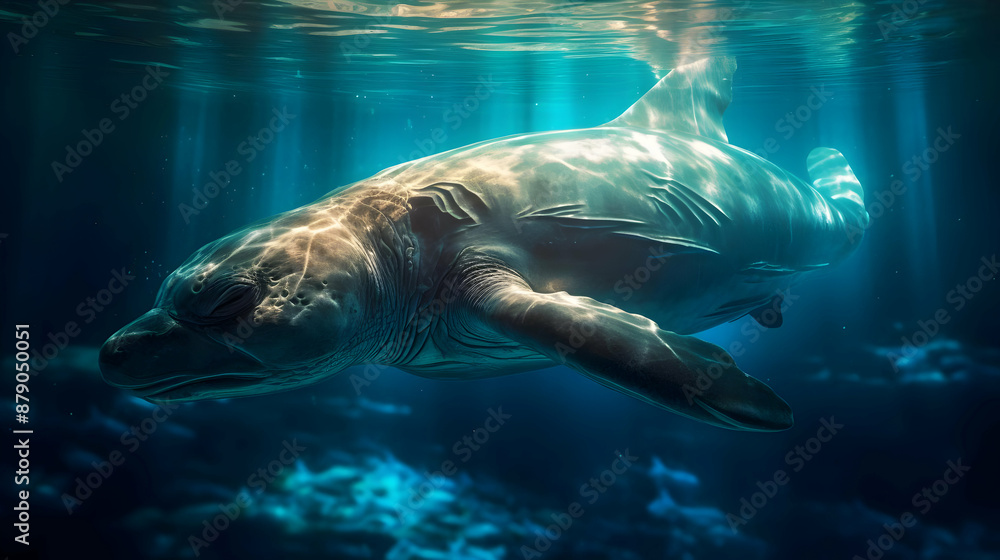 Poster Sea Turtle Illustration in Underwater Light