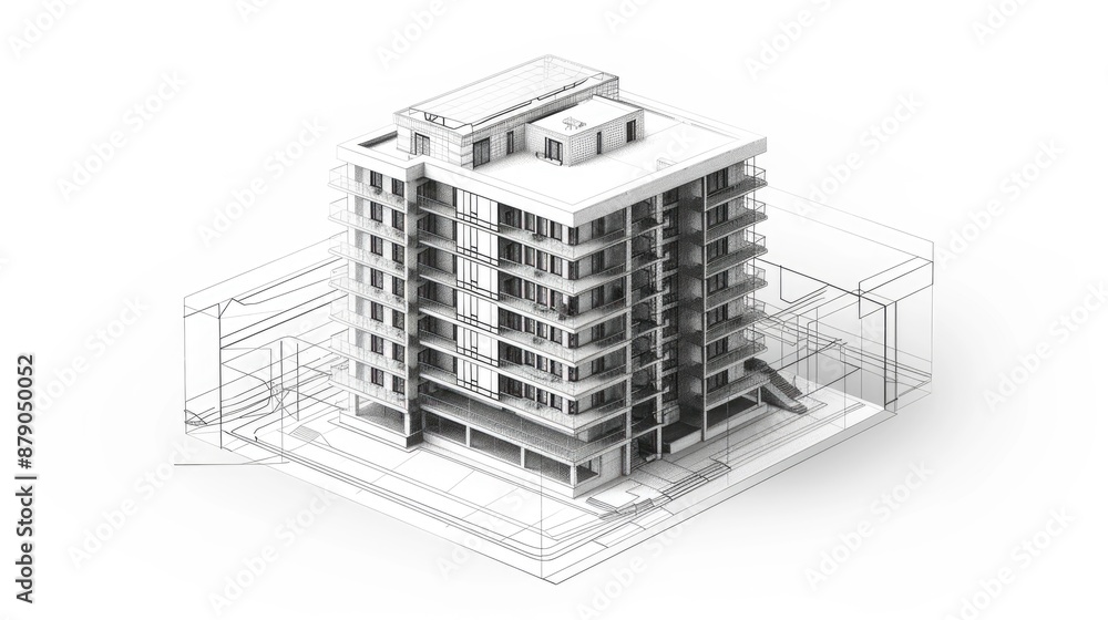 Aufkleber sketch of a 3d building model with a wireframe structure, isolated on a white background.
