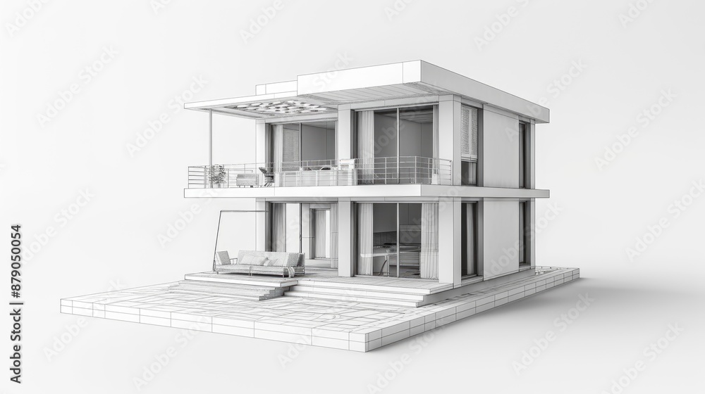Aufkleber sketch of a 3d building model with a wireframe structure, isolated on a white background.