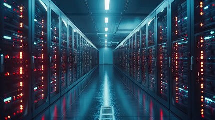 Obraz premium Secure server room with racks of servers and advanced security measures, highlighting the importance of data protection.